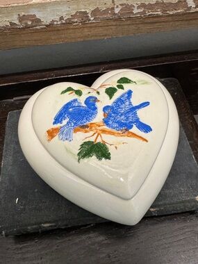 Vintage Heart-Shaped Ceramic Trinket Box with Blue Birds